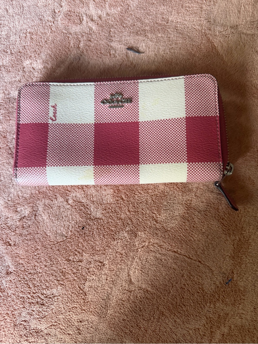 Coach Pink and Cream Check Zip Wallet